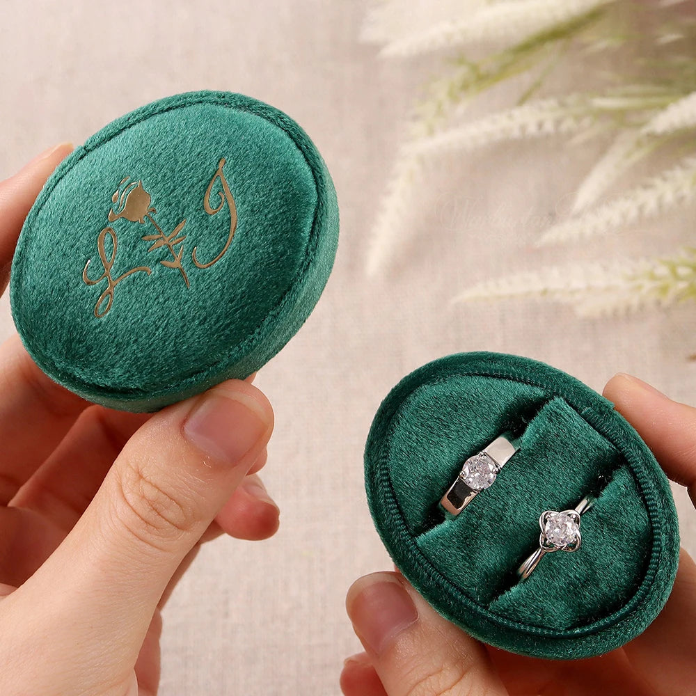 Personalized Oval Velvet Ring Box Double Slot Wedding Engagement Ring Holder Box Modern Elegant Wedding Decoration