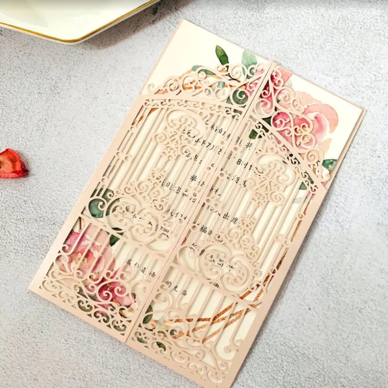 10 Pieces Laser Cut Wedding Gate Love Door Invitation Card Black Pink Gold Engagement Party Greeting Invitations IC165