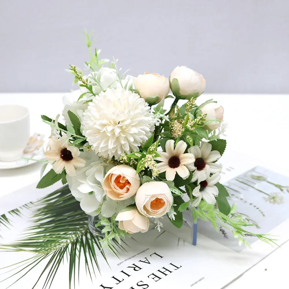 7 Heads Hydrangea Flowers Artificial Bouquet Silk Blooming Fake Peony Bridal Hand Flower Roses Wedding Centerpieces Decor