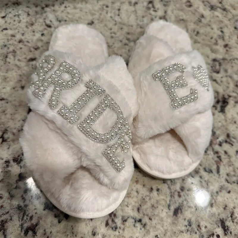 Custom Personalized bride Fluffy Pearls letter Slippers Bridal Shower Wedding day Bachelorette hen night Party decoration Gift