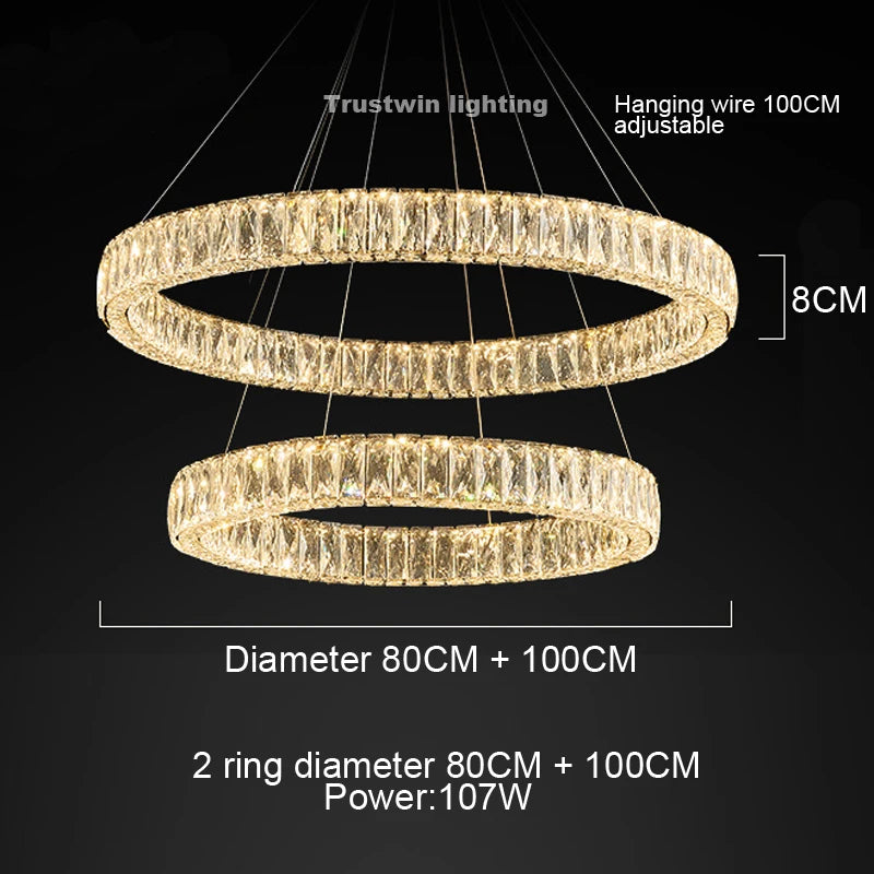 Round Crystal Chandelier Light LED Indoor Modern 40 60 80 100CM Circular Ring Hanging Lamp for Living Dinning Room Bedroom