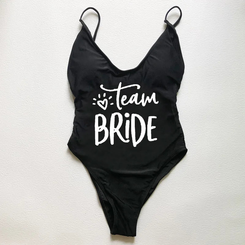 Sexy Padded Swimwear Women Team Bride Love Print One Piece Swimsuit Summer Bathing Suit Bachelor Party Beachwear backless bikini