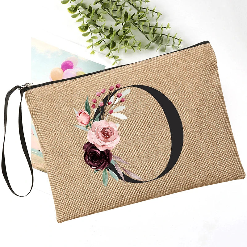 Letter Font Clutch Custom Name Letter Flower Combination Linen Lipstick Bag Travel Organizer Case Simple Wristlet Clutch Bag