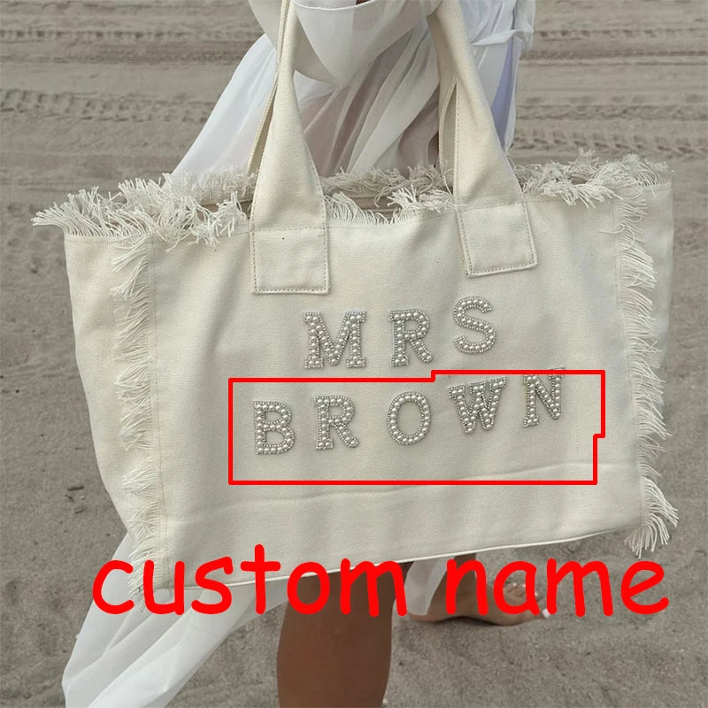Custom Personalised Mrs tote Bag Bridal Shower destination Wedding Bachelorette hen do Party Honeymoon Travel Bride to be Gift