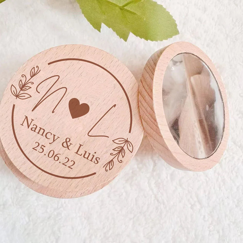 1-40pcs Personalised Wooden Mirror Engraved Portable Round Compact Pocket Mirror Bridesmaid Wedding Favors Custom Baptism Gift