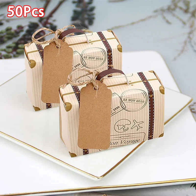 50Pcs Travel Suitcase Candy Box Kraft Paper Gift Boxes Wedding Birthday Party Decoration Supplies Christmas Gift Packaging Boxs