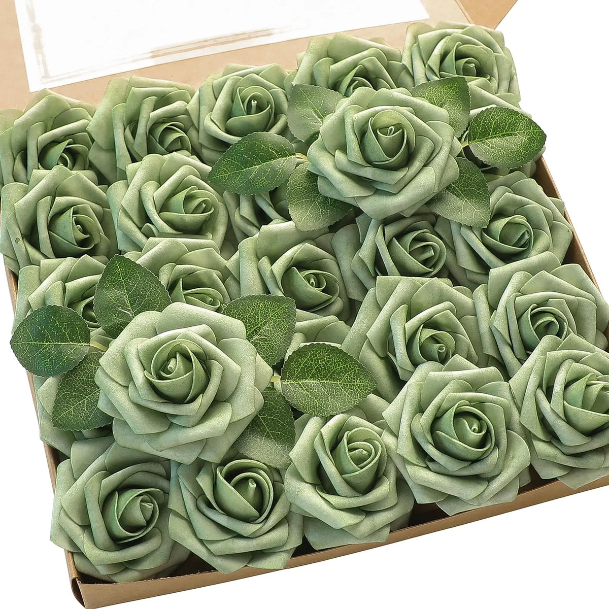 Artificial Flowers 25pcs Real Looking Elf Green Foam Fake Roses with Stems for DIY Wedding Bouquets Bridal Shower Centerpieces S