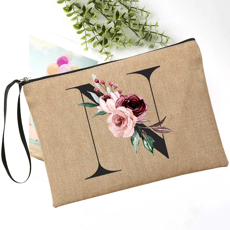 Letter Font Clutch Custom Name Letter Flower Combination Linen Lipstick Bag Travel Organizer Case Simple Wristlet Clutch Bag