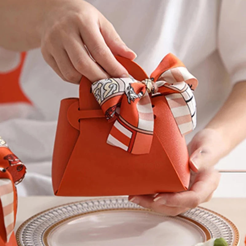 1PCS Leather Gift Bags Bow Ribbon Packaging Bag Wedding Favour Distributions Bags Eid Mubarak Candy Packaging Box Mini Handbag