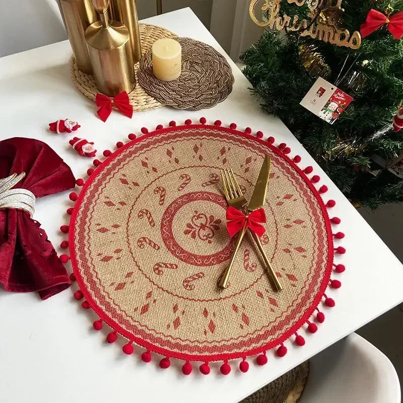 Jute Table Mats Christmas Woven Placemat Ins Printed Hairball Thermal Insulation Mat Retro Cotton and Linen Decorative Mat