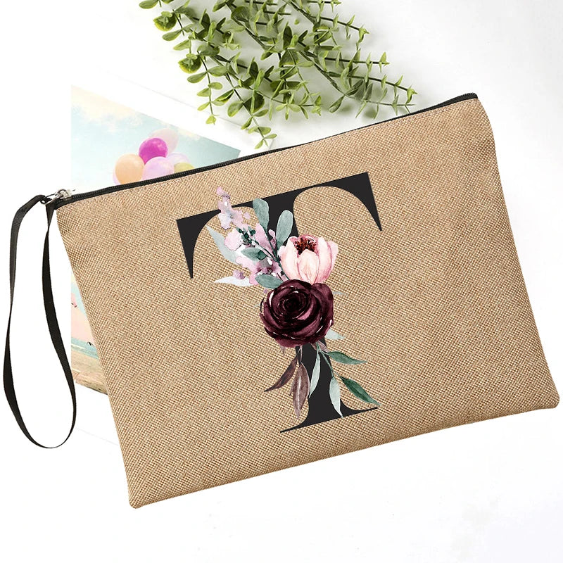 Letter Font Clutch Custom Name Letter Flower Combination Linen Lipstick Bag Travel Organizer Case Simple Wristlet Clutch Bag