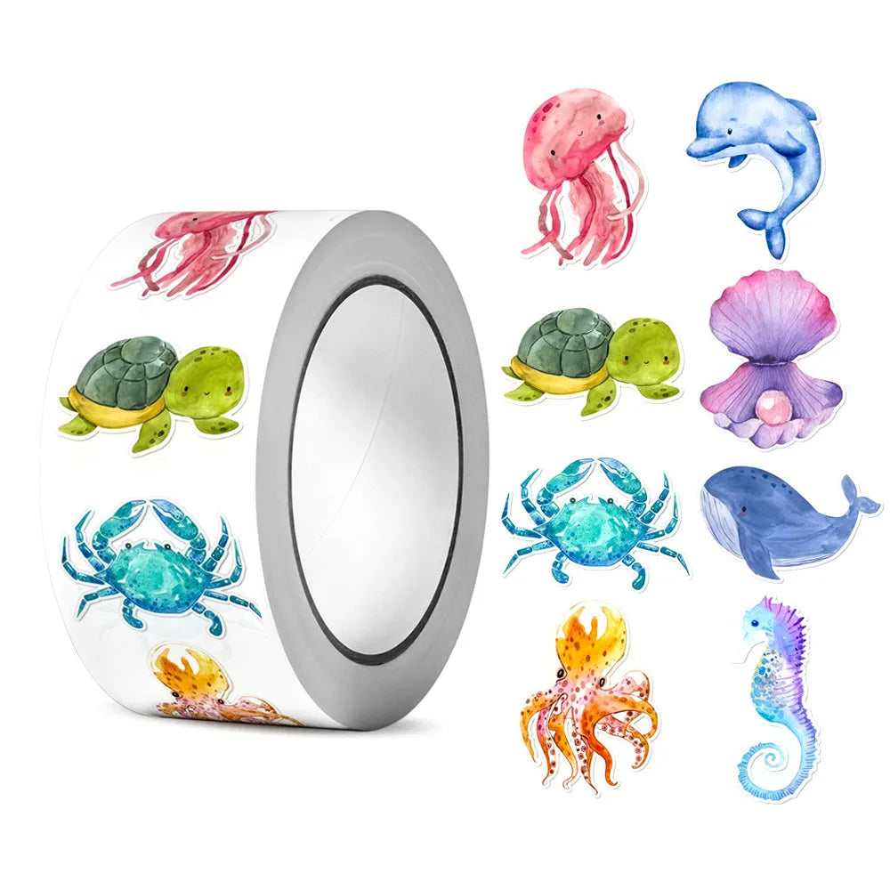 500Pcs/Roll Heterotypic Cartoon Marine Animals Stickers 2.5cm/1.0'' Graffiti Game Art Labels Learning Rewards, Adorn Gifts