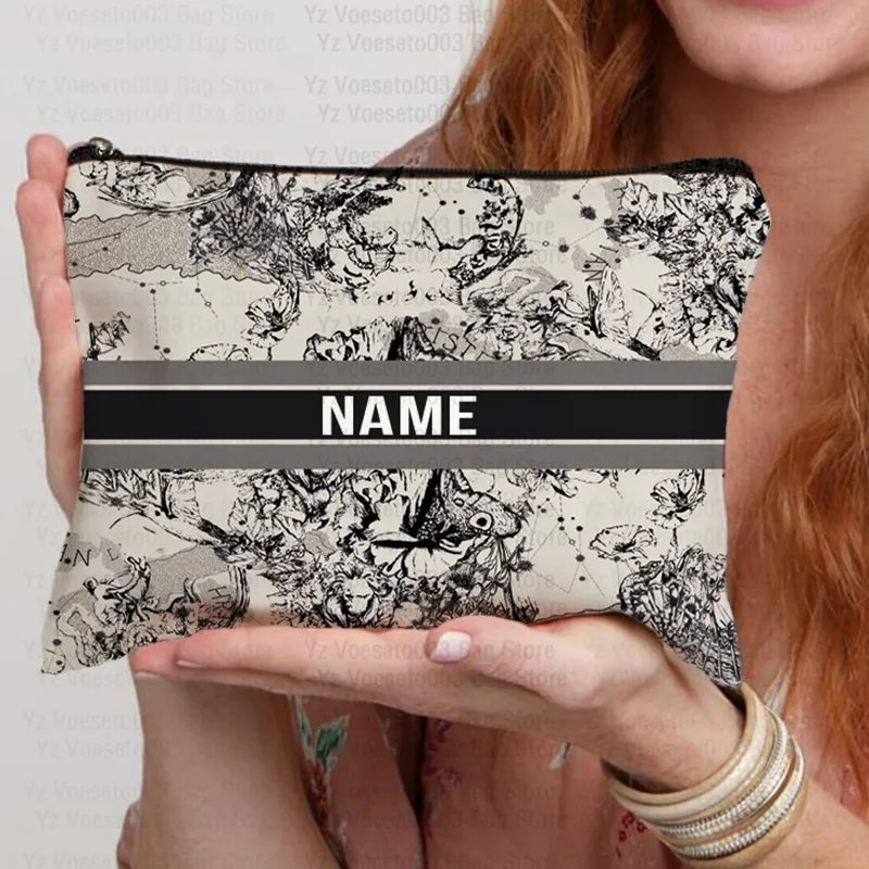 Custom Name Personalized Bag Women Canvas Cosmetic Makeup Bags Travel Toiletry Pouch School Pencil Case Supplies Teacher Gift