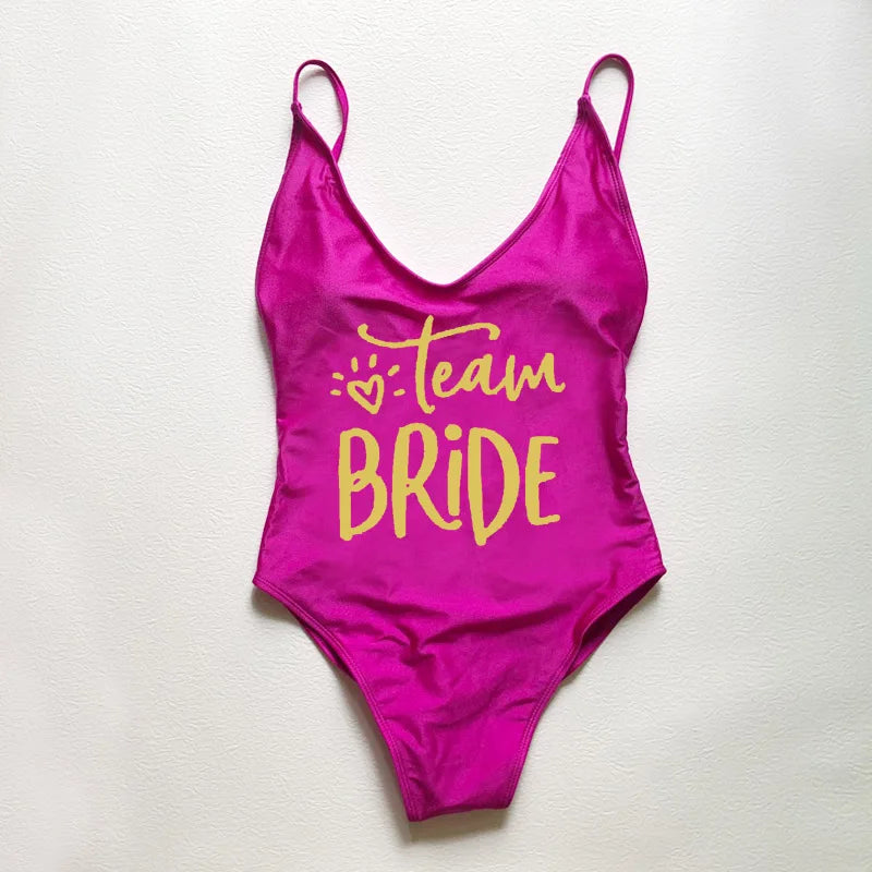 Sexy Padded Swimwear Women Team Bride Love Print One Piece Swimsuit Summer Bathing Suit Bachelor Party Beachwear backless bikini