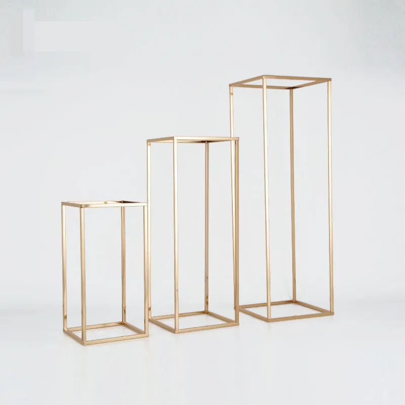 4pcs Shiny Gold Iron Plinths Pillar Cake Holder Metal Frame Backdrops Wedding Centerpiece Flower Stand Home Crafts Rack Decor