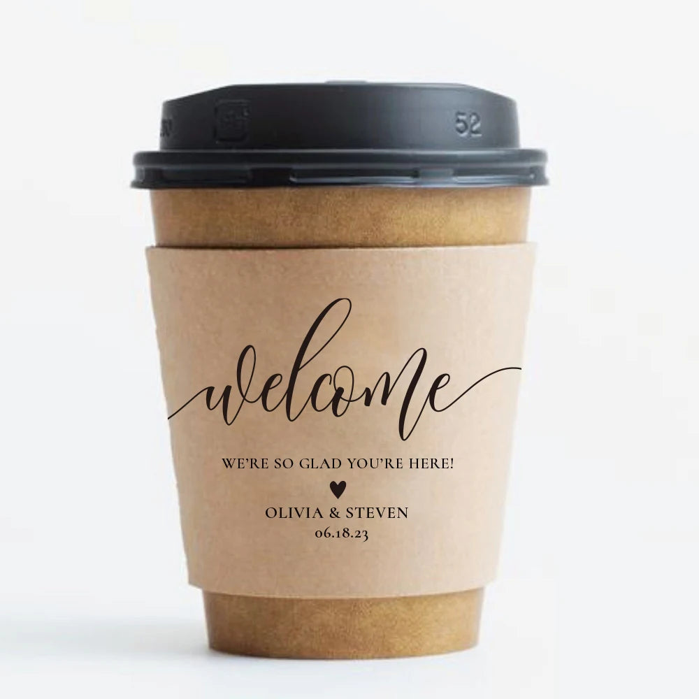 Personalized Disposable Ice Coffee Cup Sleeves Wedding Party Heat-Insulated Cup Holder Bar Reception Corrugated Paper Cup Cover