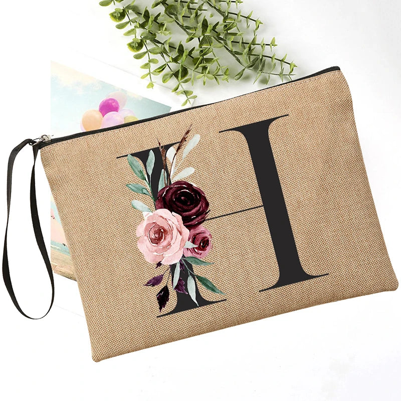 Letter Font Clutch Custom Name Letter Flower Combination Linen Lipstick Bag Travel Organizer Case Simple Wristlet Clutch Bag