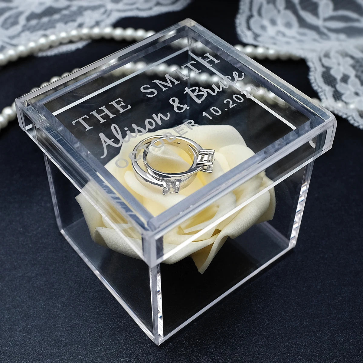 Personalized Clear Acrylic Ring Box, Custom Wedding Rings Box, Engraved Names, Ring Holder, Wedding Ring Bearer