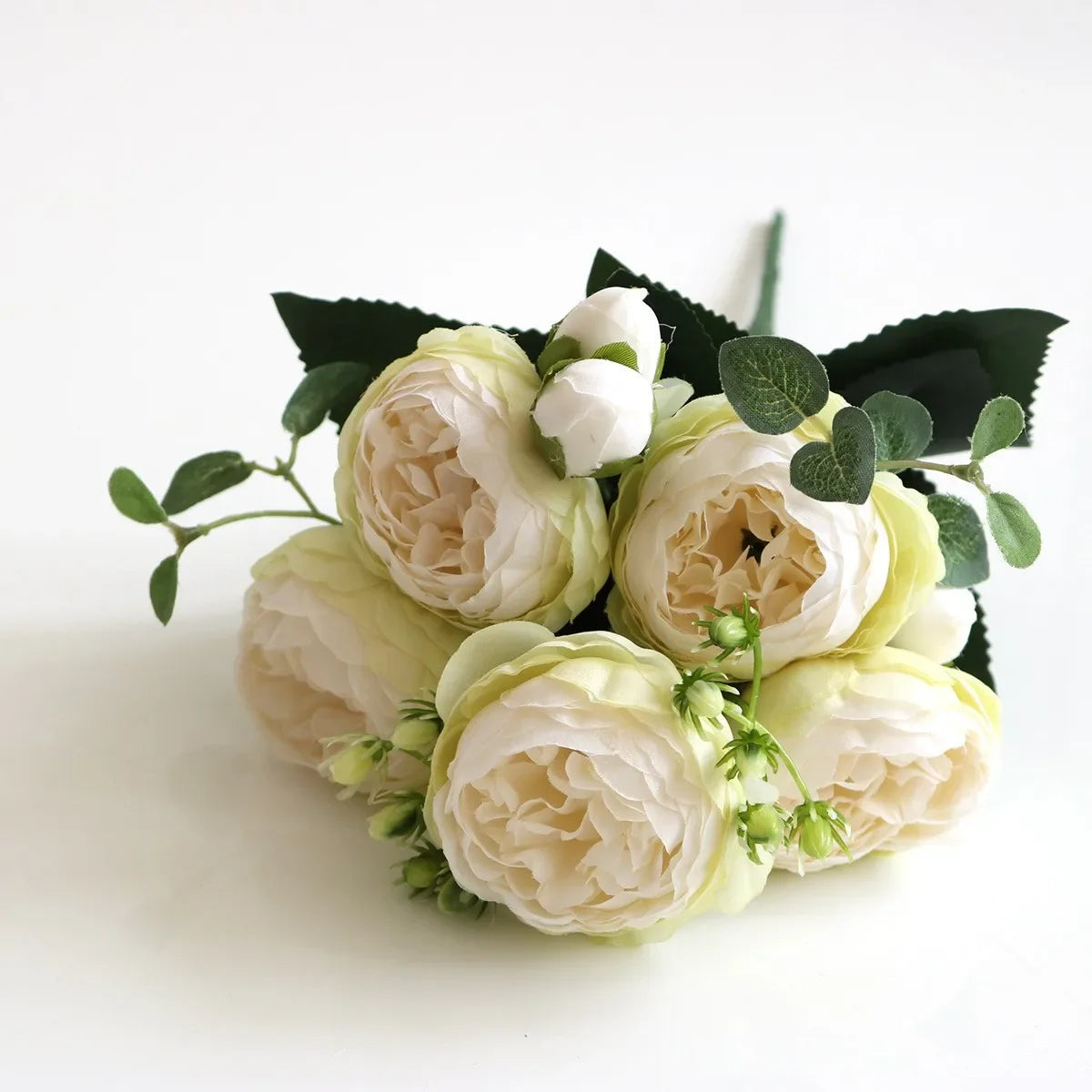 30cm Rose White Peony Artificial Flowers Bouquet 5 Big Head and 4 Bud Cheap Fake Flowers for Home Wedding Decoration Indoor