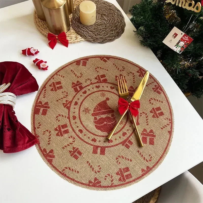 Jute Table Mats Christmas Woven Placemat Ins Printed Hairball Thermal Insulation Mat Retro Cotton and Linen Decorative Mat