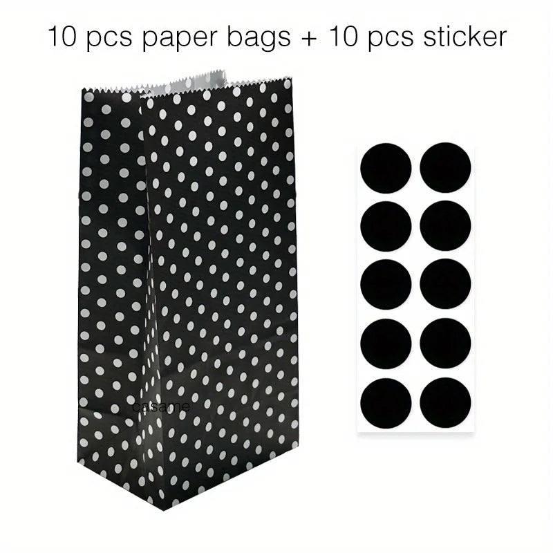 10 pcs Colorful Solid Stripe and Polka Dot Stand-Up Bags with Stickers - 18x9x6cm Favor Gift Packing Treat Bags for Wedding