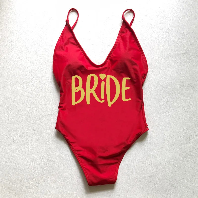 Sexy Padded Swimwear Women Team Bride Love Print One Piece Swimsuit Summer Bathing Suit Bachelor Party Beachwear backless bikini