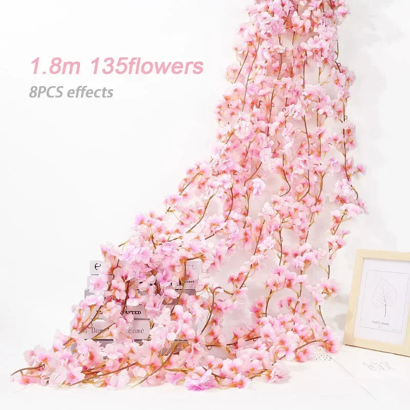 Artificial Flowers Cherry Blossoms Vines Silk Flowers Sakura Rattan Christmas Ornament Hanging Garland Wedding Home Decoration