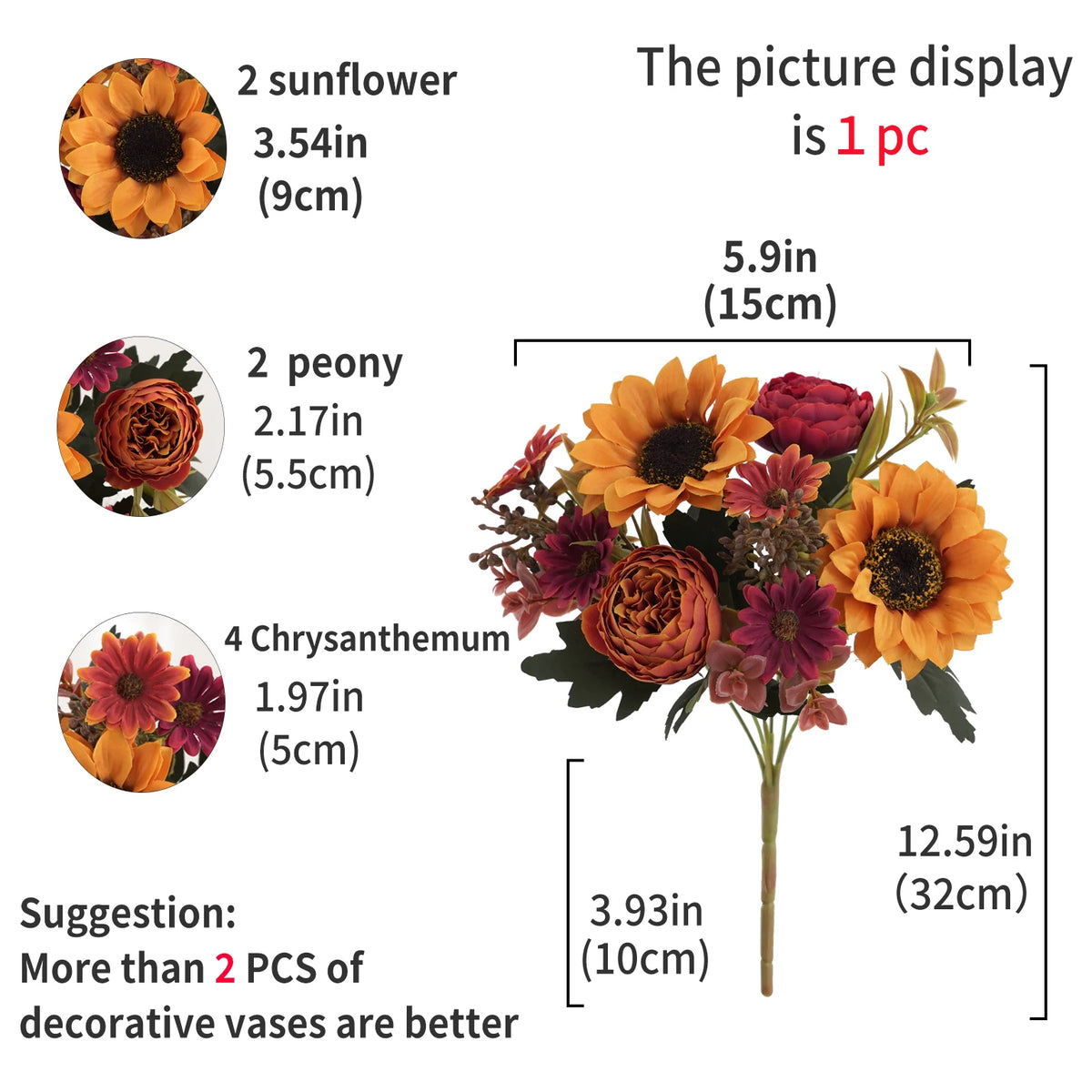 1/4Pcs Sunflowers peony Artificial Flowers  Fall Summer Decor, Fake Fall Flowers Silk Faux Sunflower Bouquet