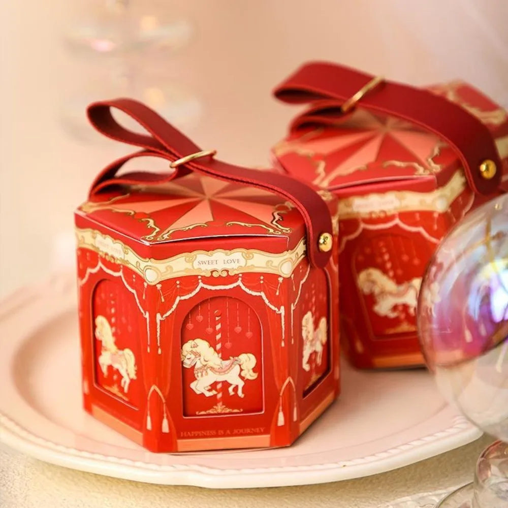 Wedding Carousel Gift Box Decoration Leather Handle Birthday Wedding with Hand Gift Paper Handheld Gift Bag