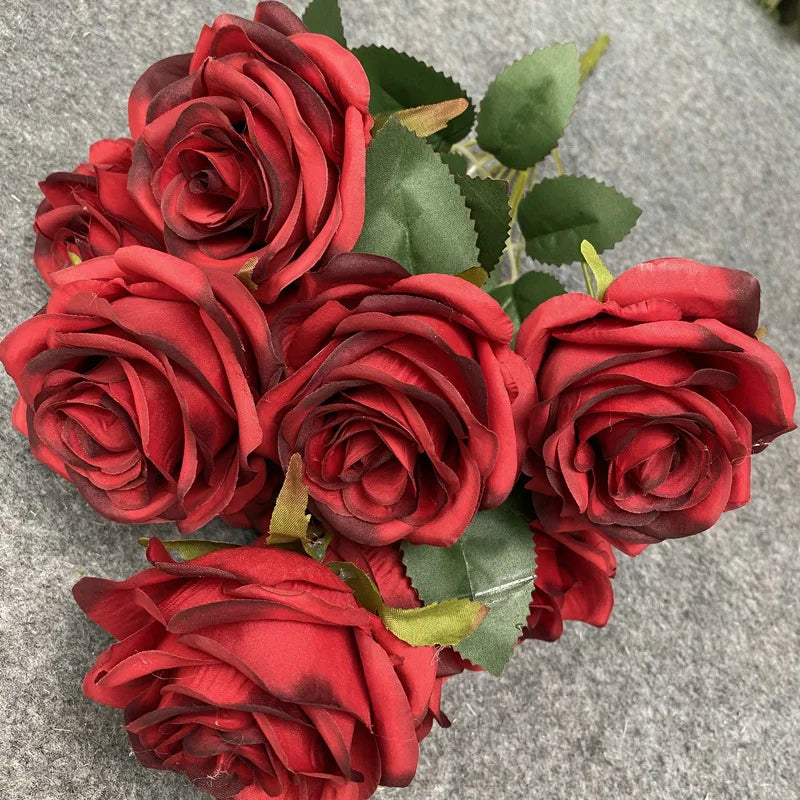 9Head Artificial Pink Rose Bouquet Flower Wedding Bridal Photography Props Home Garden Decoration Simulation Silk Rose Bouquet
