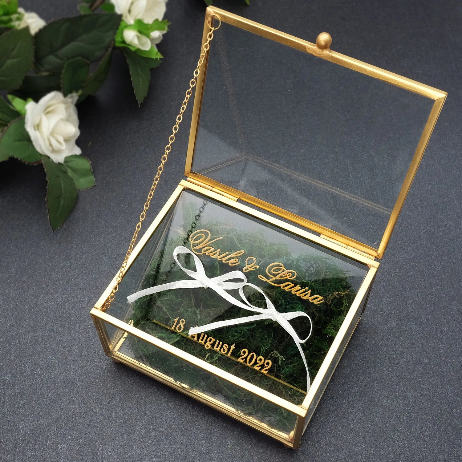 Personalized Glass Ring Box Custom Wedding Ring Holder Engagement Gold Glass Jewelry Storage Box Customized Your Names and Date