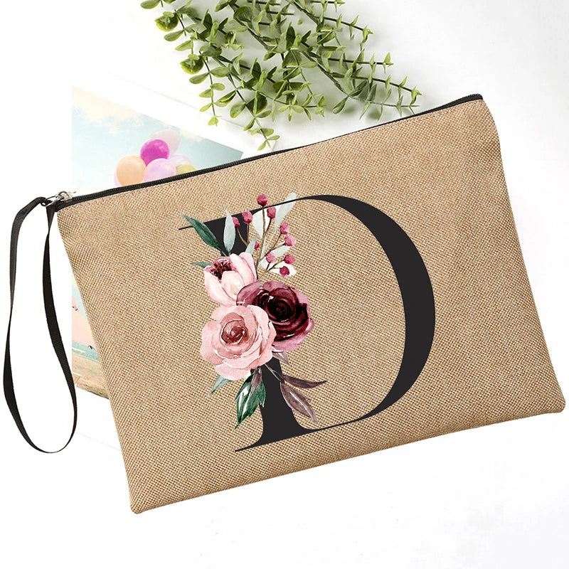 Letter Font Clutch Custom Name Letter Flower Combination Linen Lipstick Bag Travel Organizer Case Simple Wristlet Clutch Bag