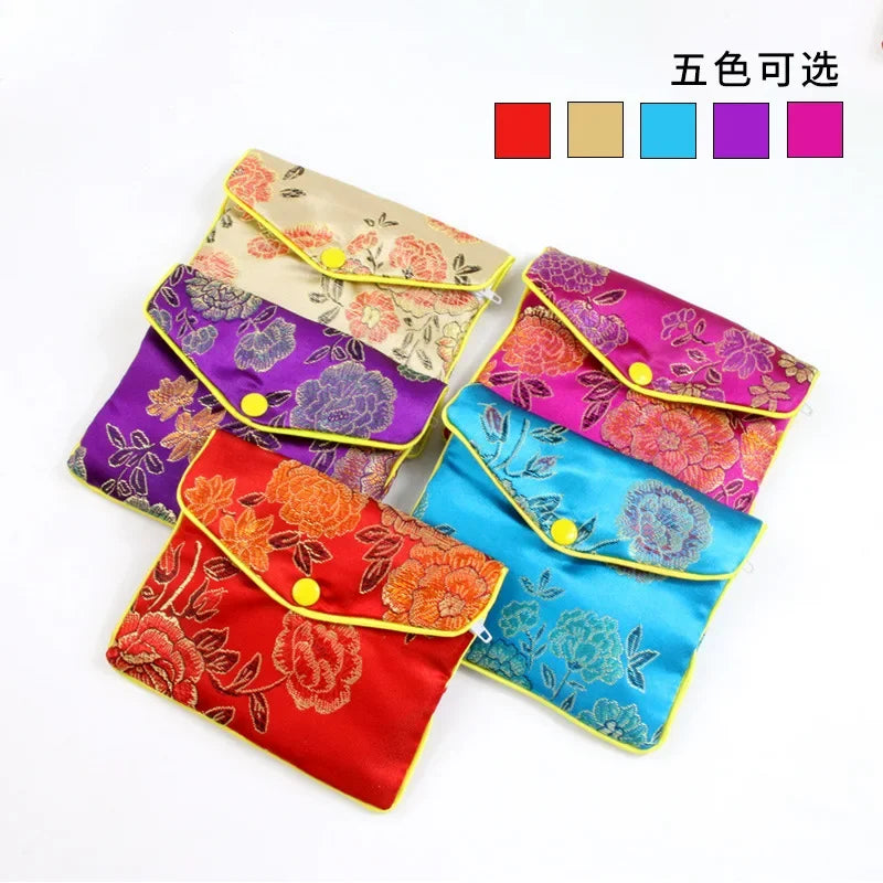Hot High Quality Chinese Brocade Handmade Silk Embroidery Small Jewelry Gift Storage Pouch Bag Snap Case Satin Coin Purse 5pcs