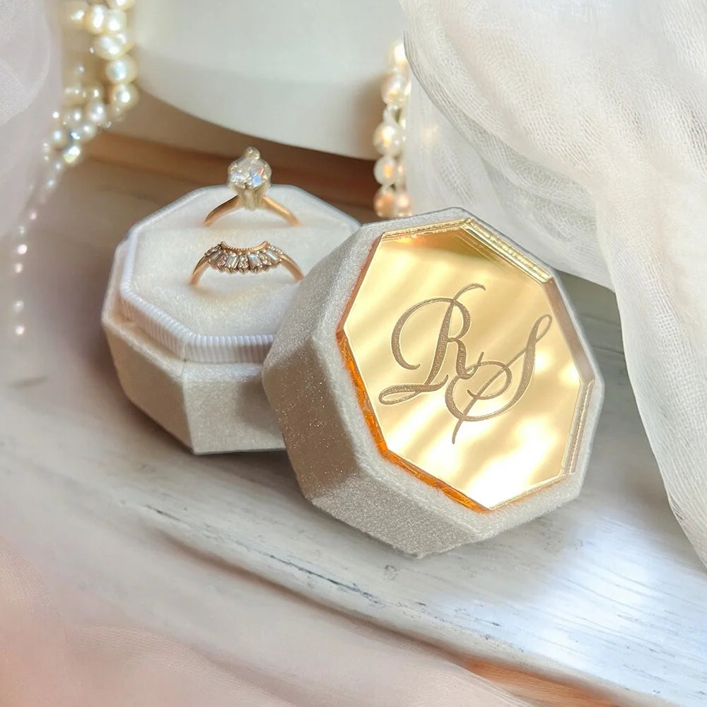 Personalised Acrylic Topper Velvet Ring Box Custom Wedding Octogon Ring Box Engagement Proposal Idea Double Slot Ring Holder