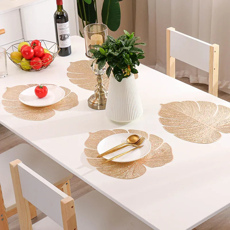 6/4Pcs Leaf shape Placemats PVC Hollow Irregular Line Placemat Dining Table Decoration Pad Dinner Cutout Hangable Gold Tablemat
