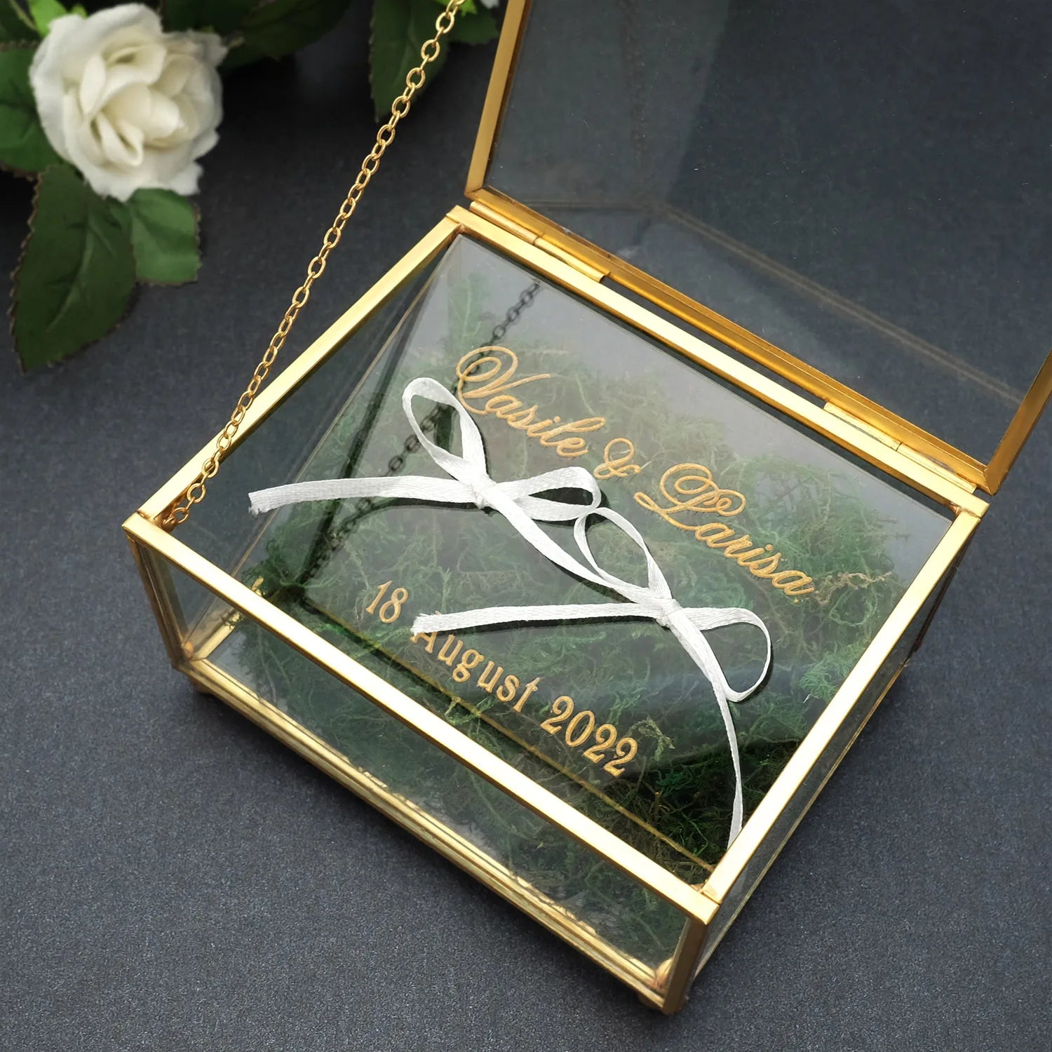 Personalized Glass Ring Box Custom Wedding Ring Holder Engagement Gold Glass Jewelry Storage Box Customized Your Names and Date