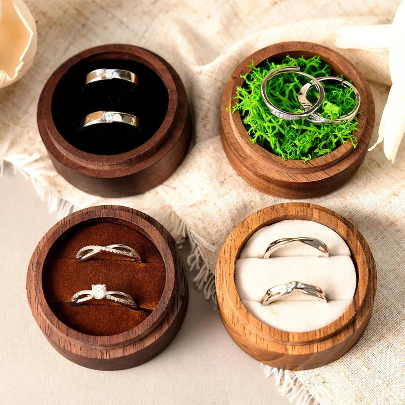 Personalized Wooden Wedding Ring Box with Clear Acrylic Cover, Custom Round Engagement Proposal Holder, Double Ring Bearer Box