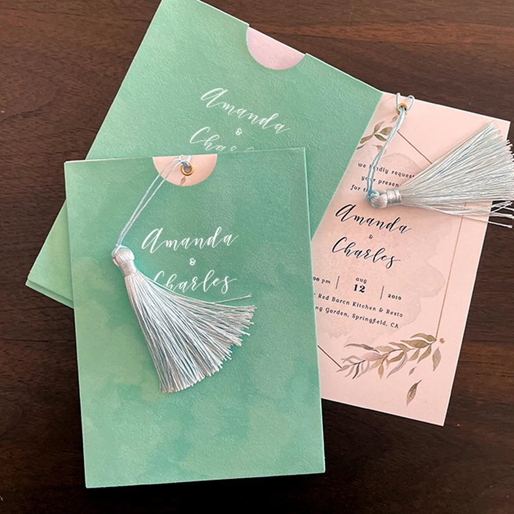 100pcs Personalized Invitation Business wedding Quinceanera Birthday Thank you letter Light green velvet decorated envelope