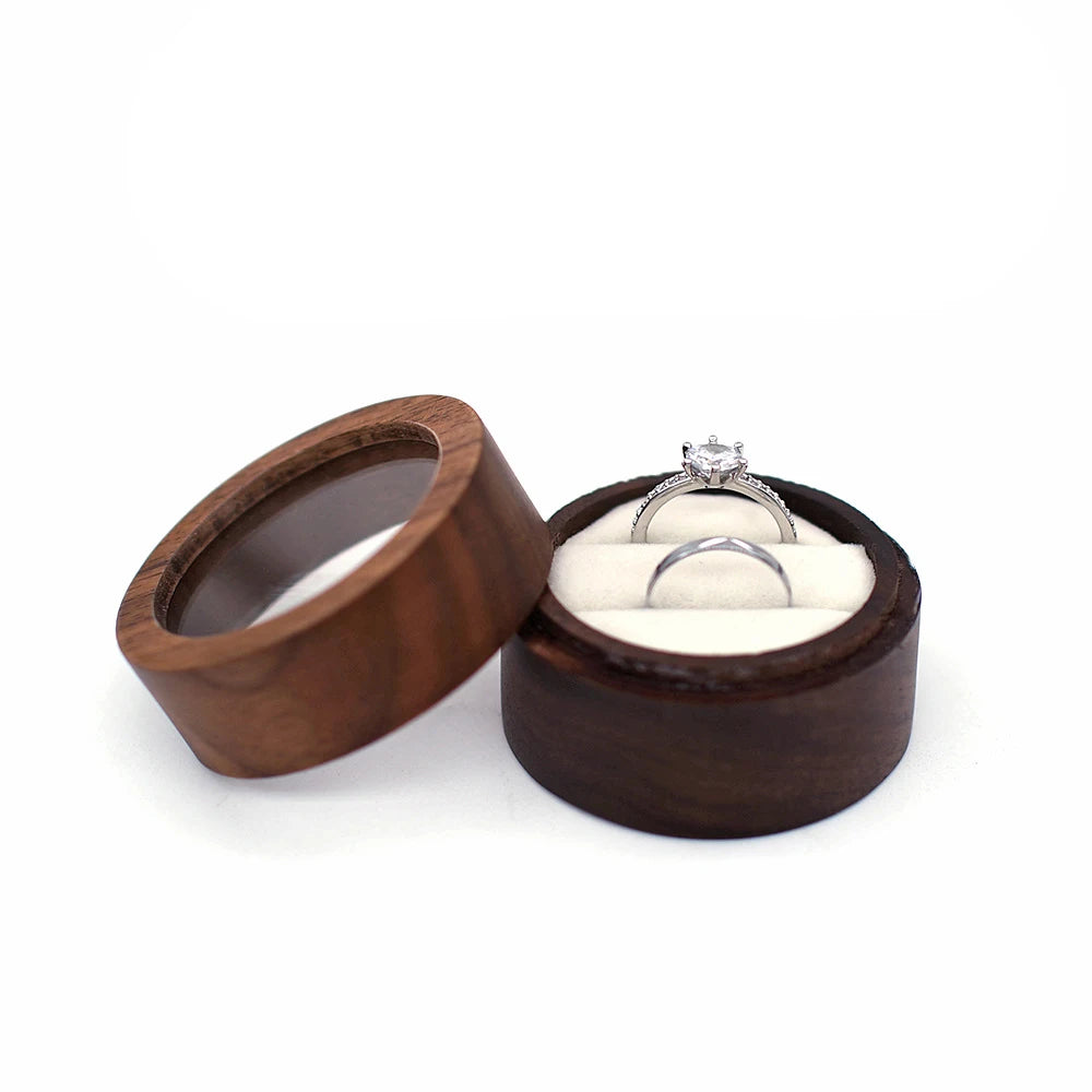 Personalized Wooden Wedding Ring Box with Clear Acrylic Cover, Custom Round Engagement Proposal Holder, Double Ring Bearer Box