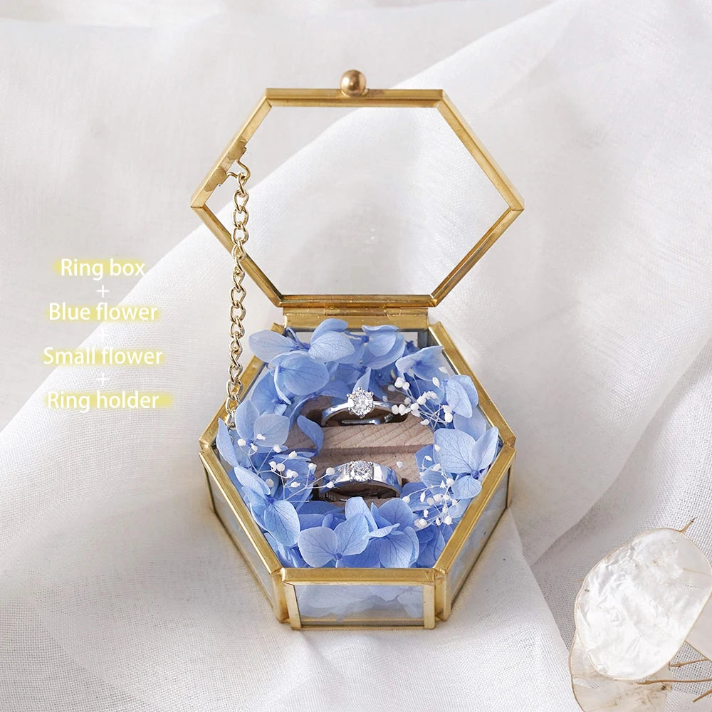 Custom Hexagonal Glass Ring Box Geometrical Clear Jewelry Storage Box Eternal Flower ring holder DIY Delicate Wedding Decoration