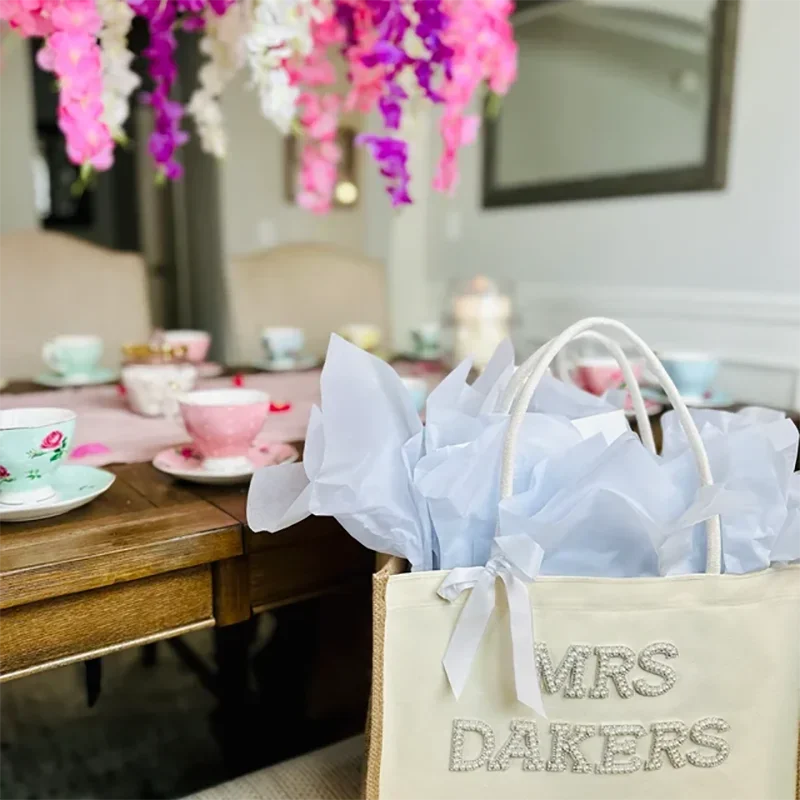 Large Custom Mrs White Pearls Tote Bag with Bow  Bridal Shower Bachelorette Honeymoon Gifts Supplies Bride To Be Accessories