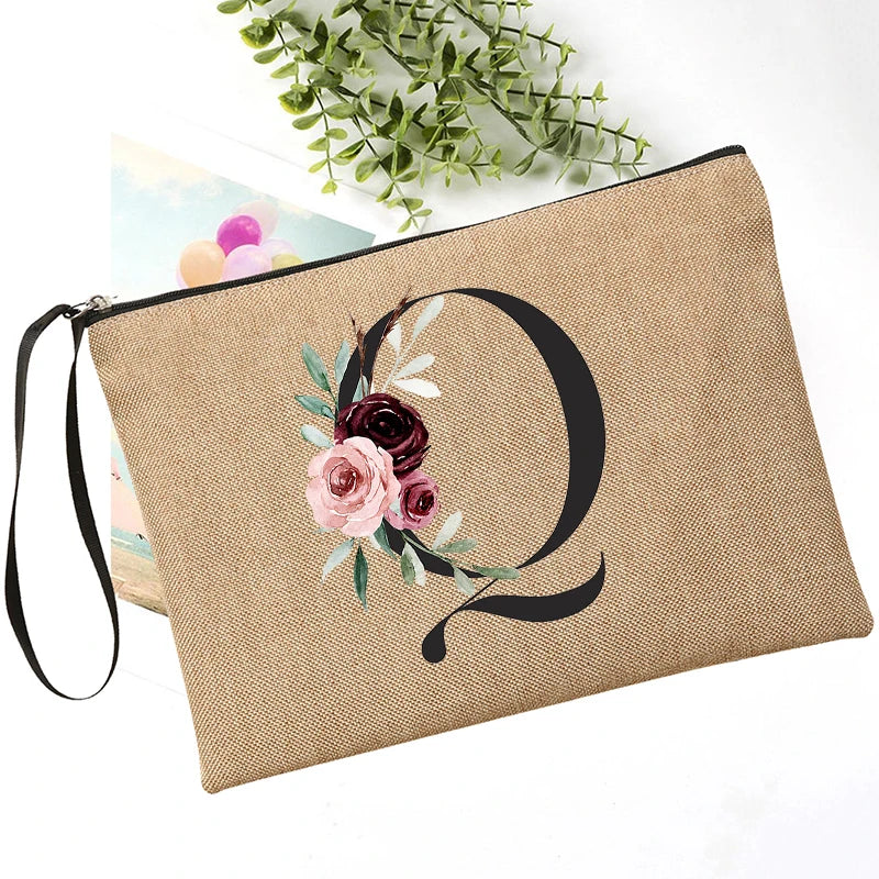 Letter Font Clutch Custom Name Letter Flower Combination Linen Lipstick Bag Travel Organizer Case Simple Wristlet Clutch Bag