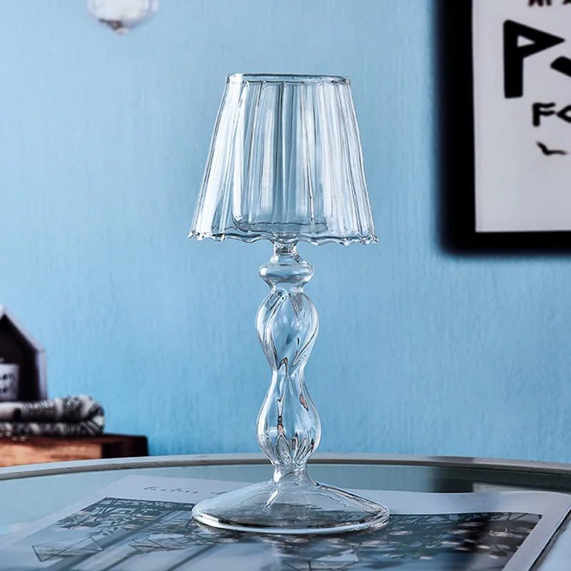 European Style Glass Desk Lamp Shaped Candle Holder High Legged Striped Candle Holder Wedding Home Creative Decoration