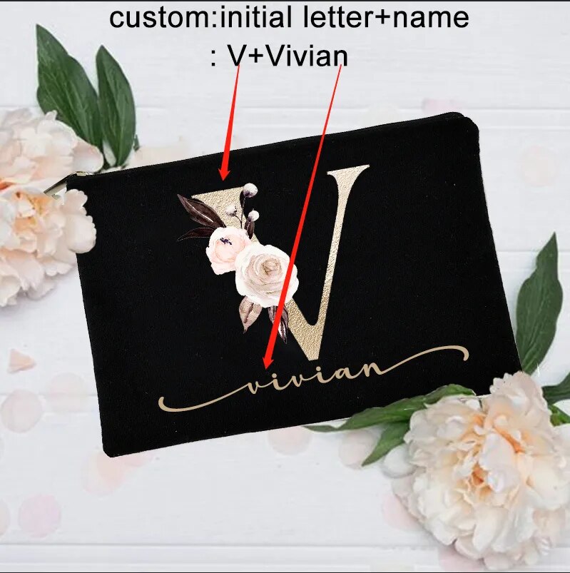 Personalized Custom Initial Name Makeup Bag  Make Up Bags Cosmetic Case Bridal Shower Gift Canvas Toiletry Organizer Bridesmaid