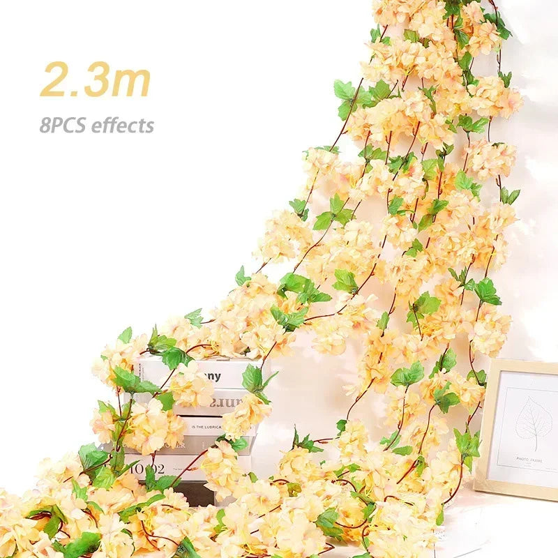 Artificial Flowers Cherry Blossoms Vines Silk Flowers Sakura Rattan Christmas Ornament Hanging Garland Wedding Home Decoration