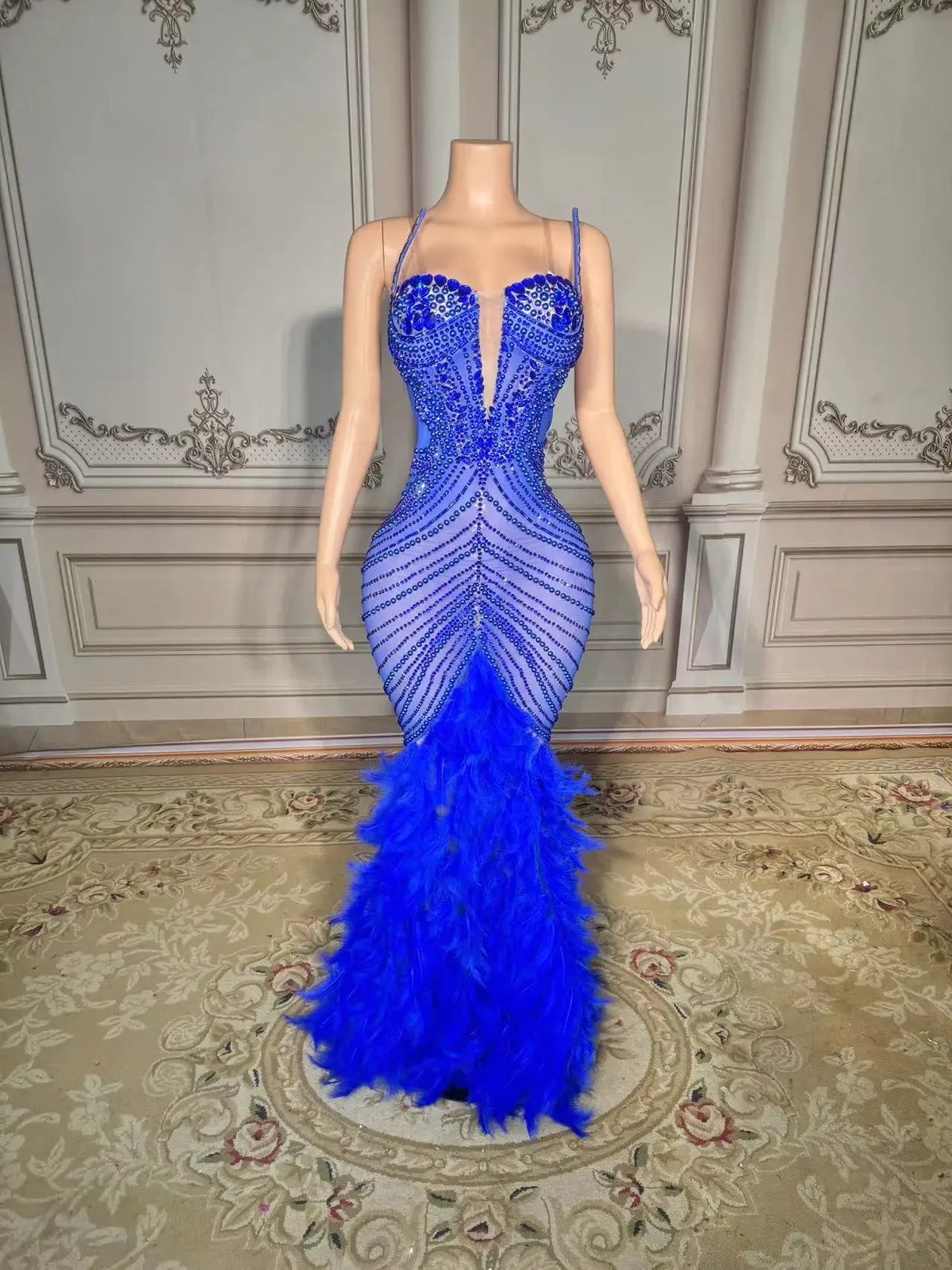 New Sparkly Rhinestones Pearls Floor-length Feathers Dress Women Birthday Celebrate Wedding Evening Prom Dress Photo Shoot Wear