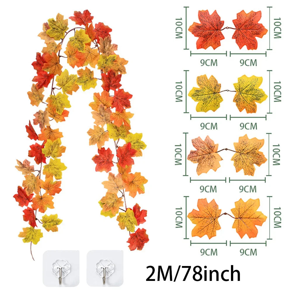 200cm Artificial Fall Maple Leaf Garland Autumn Leaves Fake Plant Garland for Festival Wedding Halloween Thanksgiving Room Decor