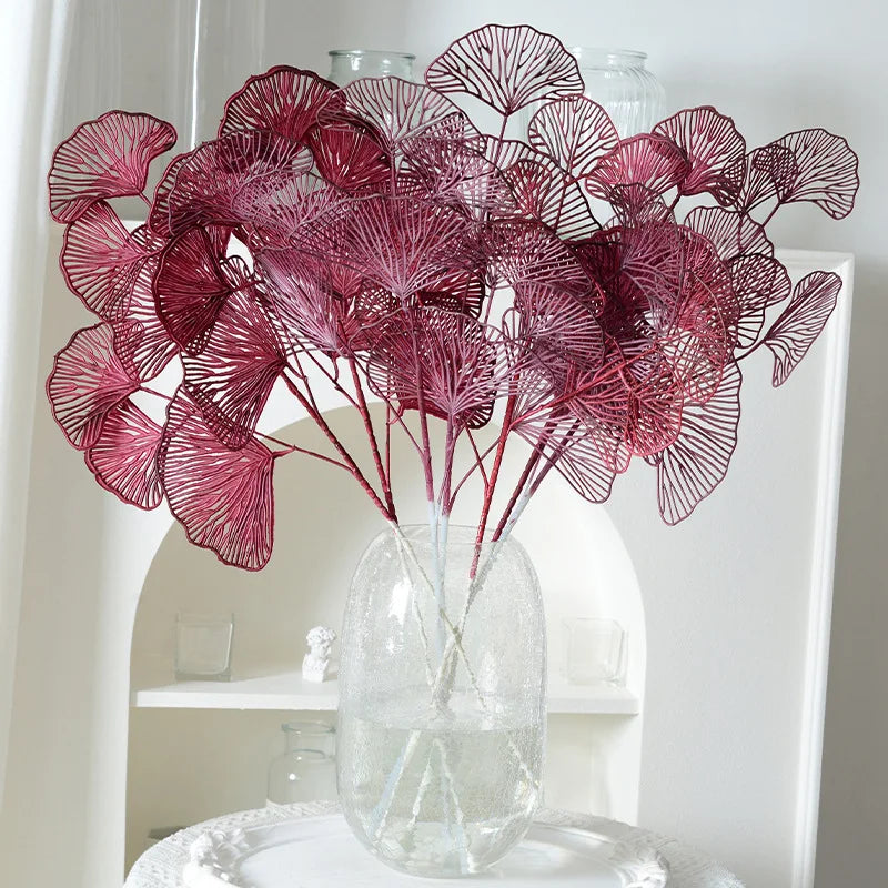 1/2/5pcs Three-pronged Fan Leaf Netting Artificial Gold Ginkgo Eucalyptus Holly For Wedding Arch Flower Arrangement Home Decor