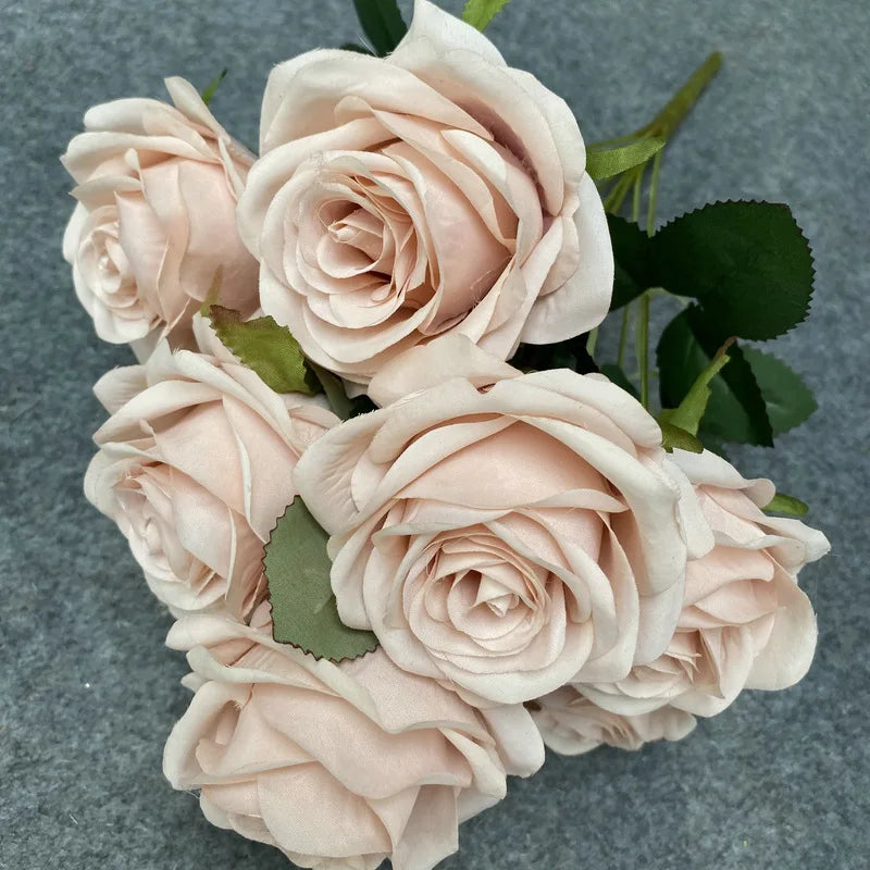 9Head Artificial Pink Rose Bouquet Flower Wedding Bridal Photography Props Home Garden Decoration Simulation Silk Rose Bouquet