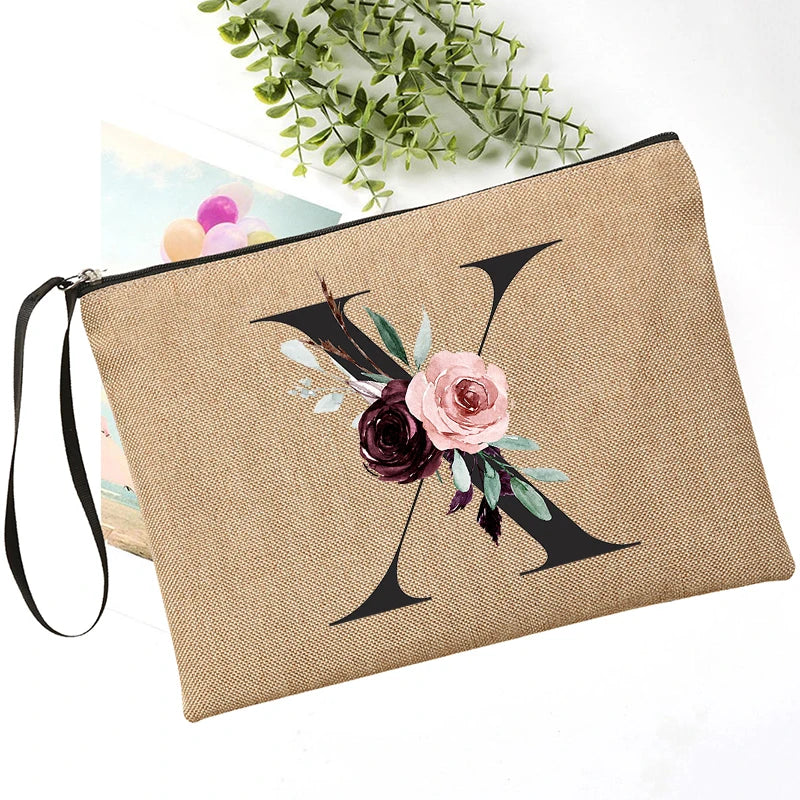 Letter Font Clutch Custom Name Letter Flower Combination Linen Lipstick Bag Travel Organizer Case Simple Wristlet Clutch Bag